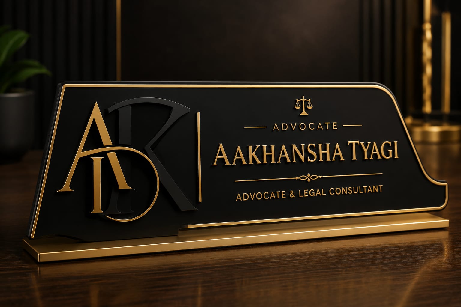 Desk nameplate — Advocate Aakhansha Tyagi, Advocate & Legal Consultant